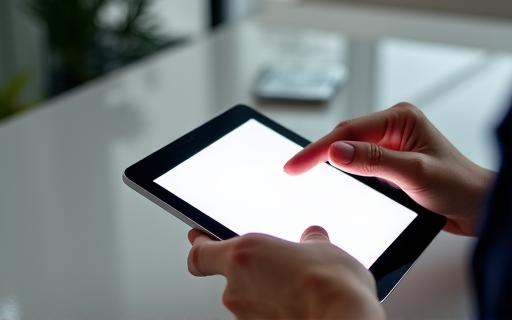Eine Person interagiert mit einer Benutzeroberfläche auf einem Tablet.