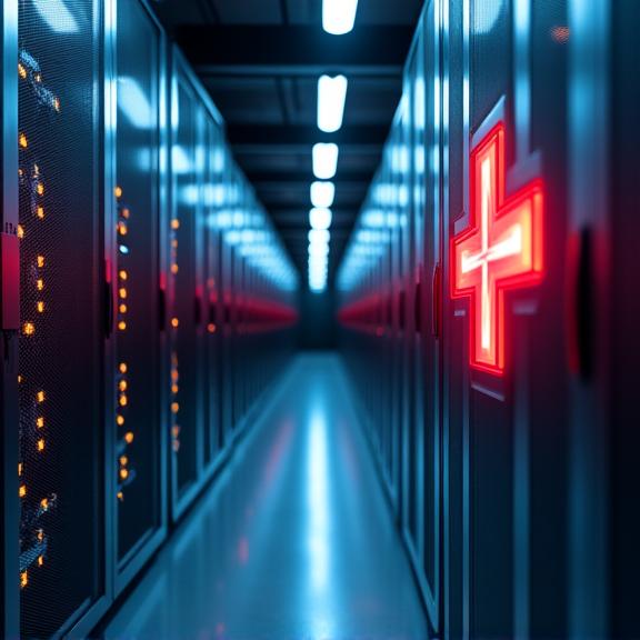 Eine saubere und moderne Serverfarm mit dem Schweizer Kreuz, das auf eine der Serverracks projiziert wird.